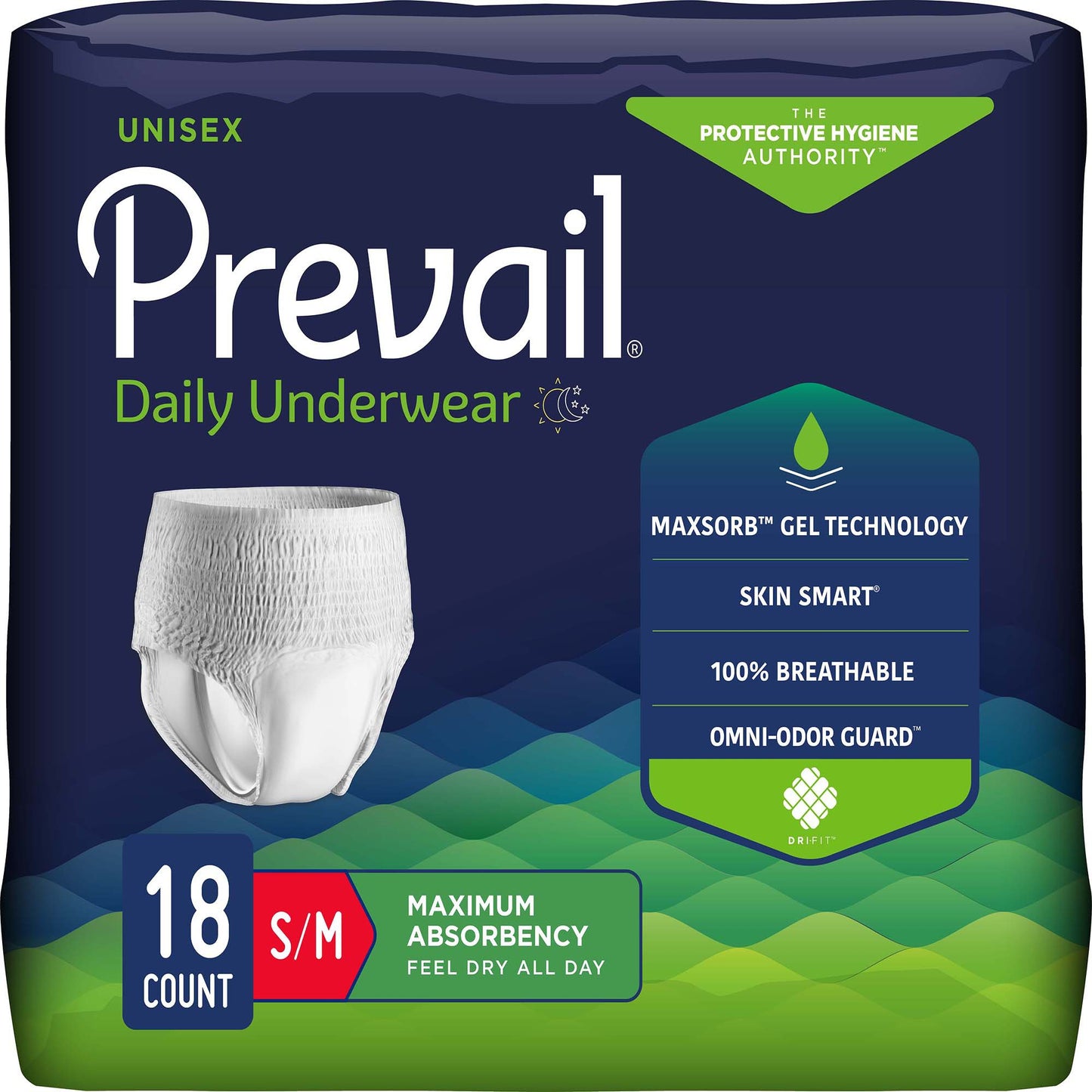 Absorbent Underwear Prevail® Daily Underwear Maximum Pull On with Tear Away Seams Adult Small / Medium Unisex Disposable Heavy Absorbency