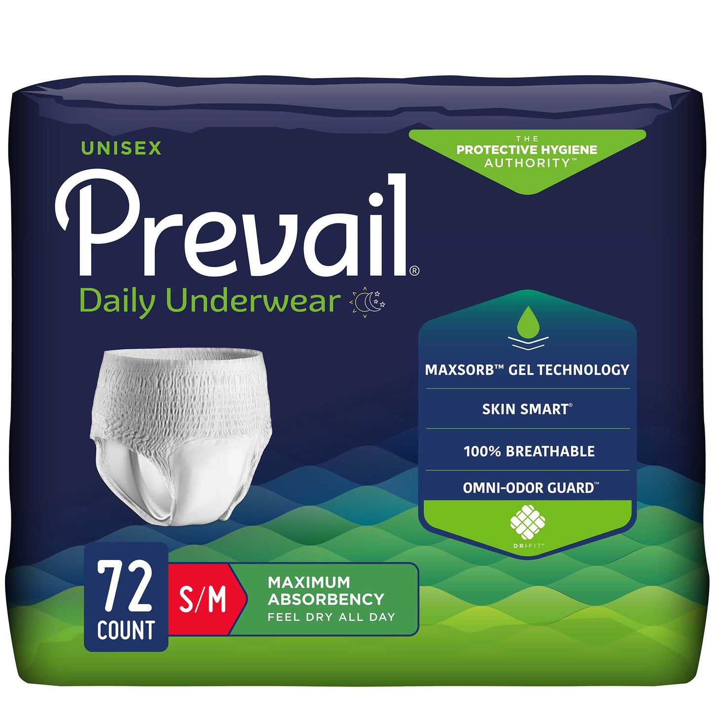 Absorbent Underwear Prevail® Daily Underwear Maximum Pull On with Tear Away Seams Adult Small / Medium Unisex Disposable Heavy Absorbency