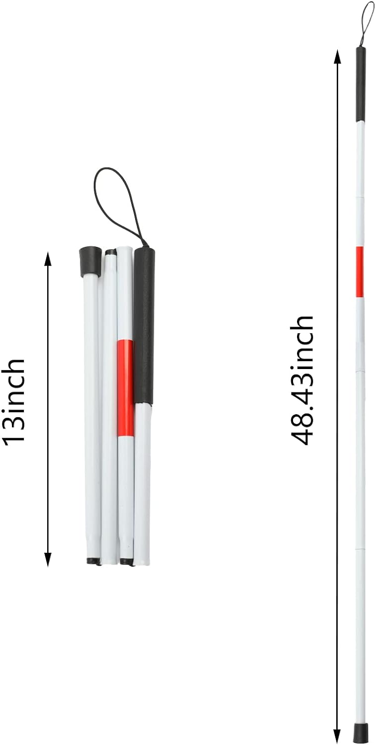 48" Folding Aluminum Blind Cane with Red Reflective Tape – Non-Slip, Collapsible Walking Stick for the Visually Impaired