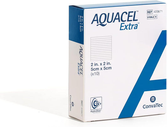 ConvaTec AQUACEL Extra 2"x2" Hydrofiber Absorbant Dressing for Moderate to Highly Exuding Wounds, Non-Woven Two-Dimensional Strengthening Fibers, Square, 10ct Box