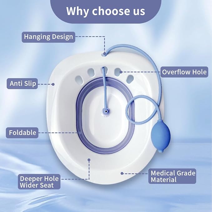 SILTZ BATH WITH BLUE FLUSHER hook for hemorrhoids, postpartum care, perineum relief, foldable for any  toilet seat FIT