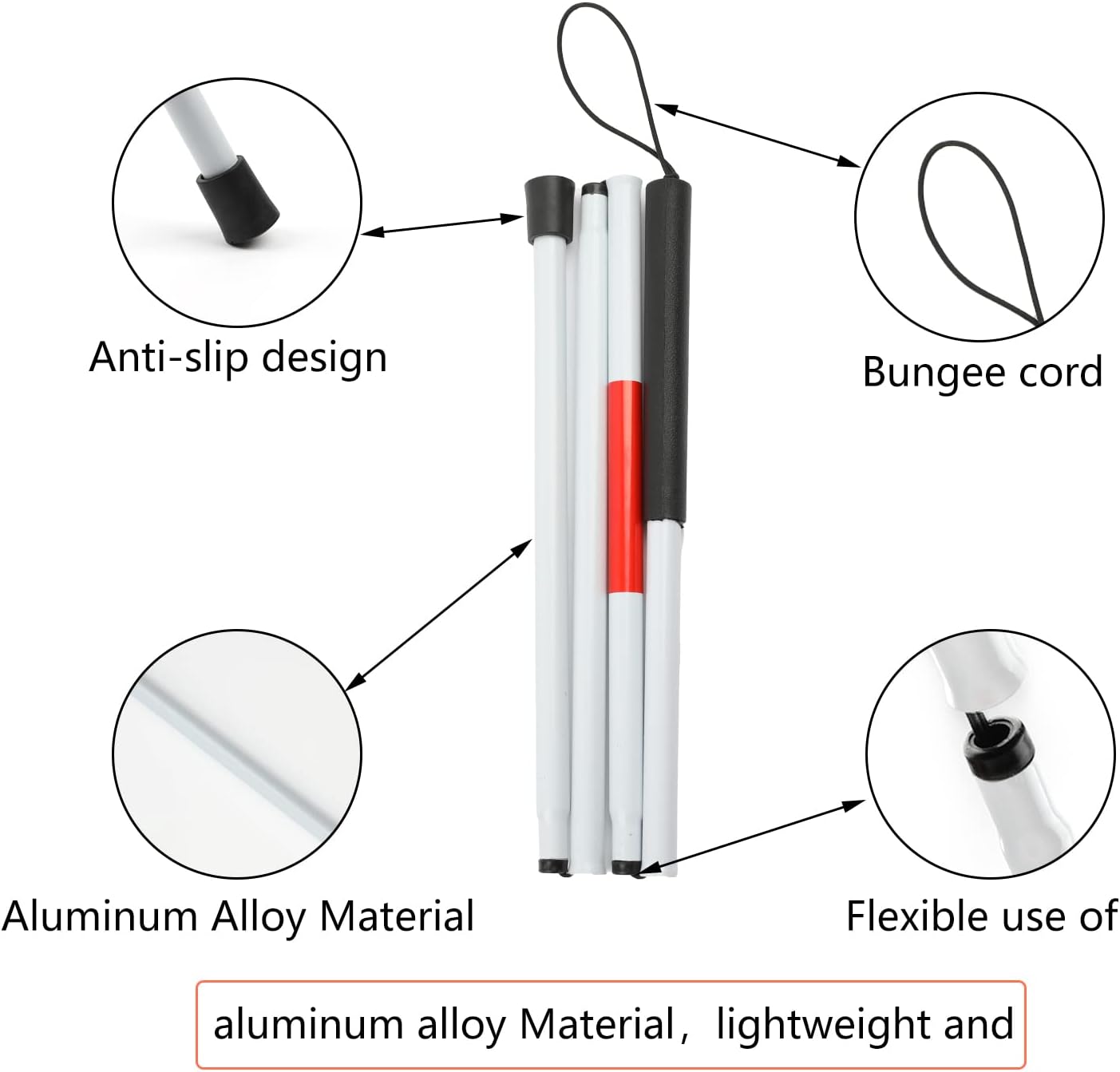 48" Folding Aluminum Blind Cane with Red Reflective Tape – Non-Slip, Collapsible Walking Stick for the Visually Impaired