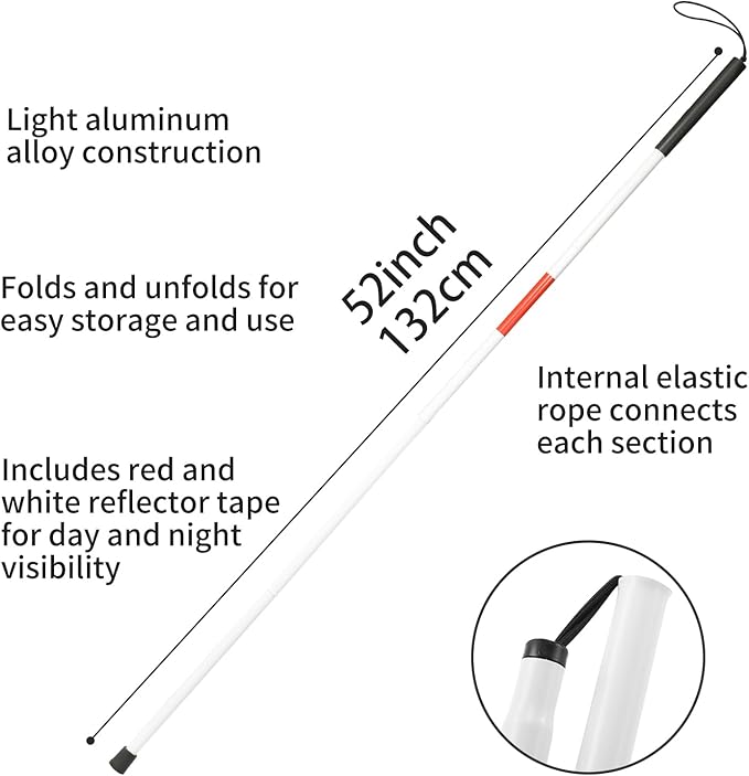 Folding Blind Cane Walking Stick with Red Reflective for Vision Impaired and Blind People, Lightweight, Non-Slip (52inch)