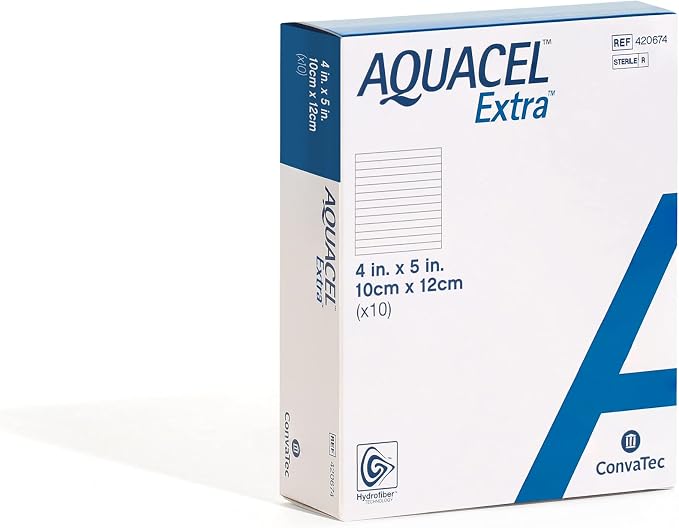 ConvaTec AQUACEL Extra 4"x5" Hydrofiber Absorbant Dressing for Moderate to Highly Exuding Wounds, Non-Woven Two-Dimensional Strengthening Fibers, Rectangle, 10ct Box