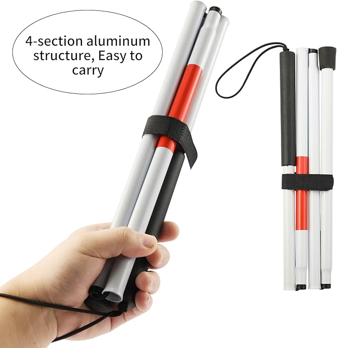Folding Blind Cane Walking Stick with Red Reflective for Vision Impaired and Blind People, Lightweight, Non-Slip (52inch)