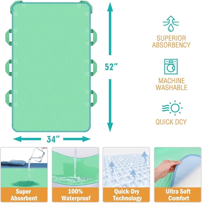 34"x52" Positioning Bed Pad with Reinforced Handles, Waterproof & Reusable Incontinence pads