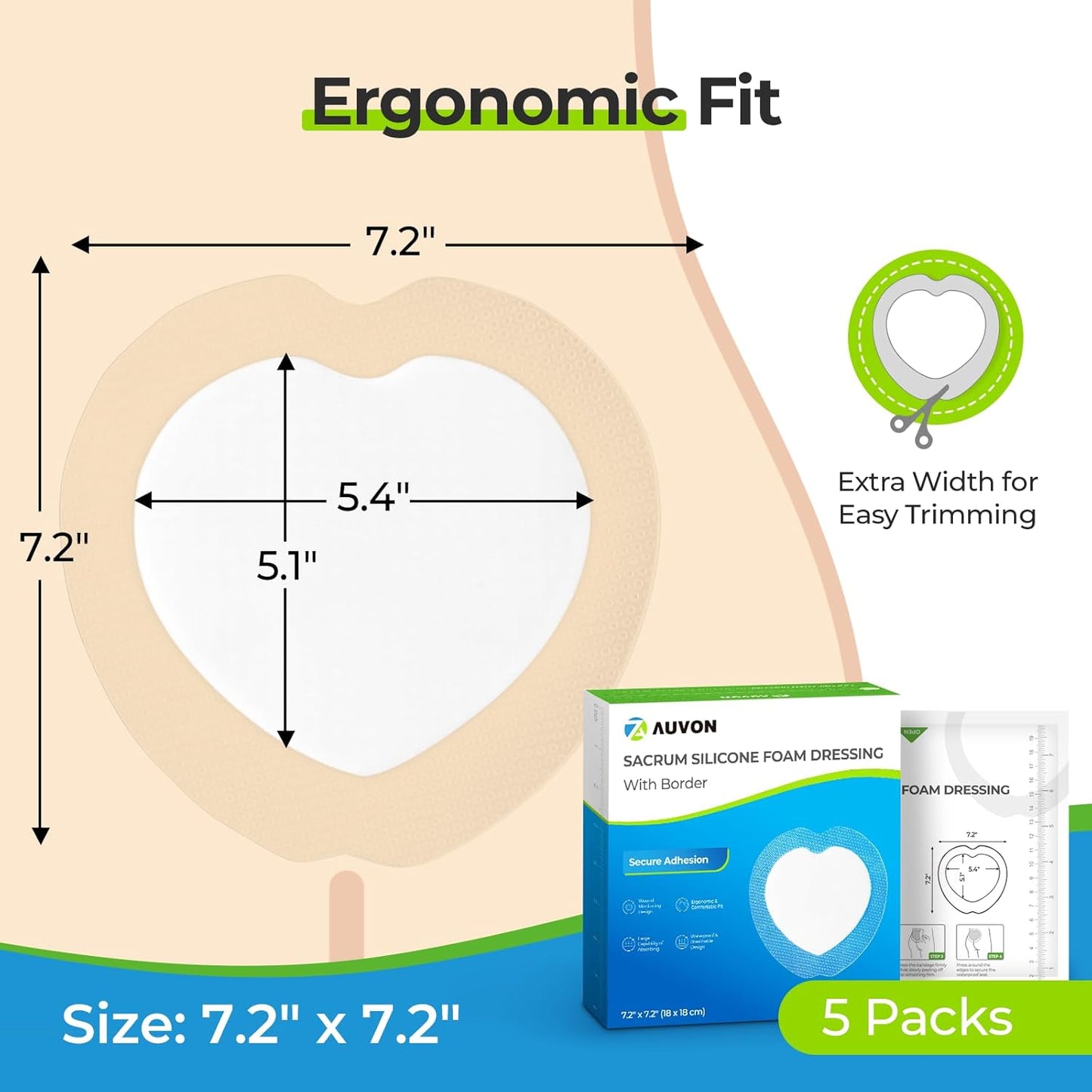 AUVON Sacral Silicone Foam Dressing with Clear Border for Easy Wound Monitoring, Waterproof & Breathable Foam Wound Dressing 7"x7", Absorbent Bed Sore Bandages, Box of 5 Sacral Pads,