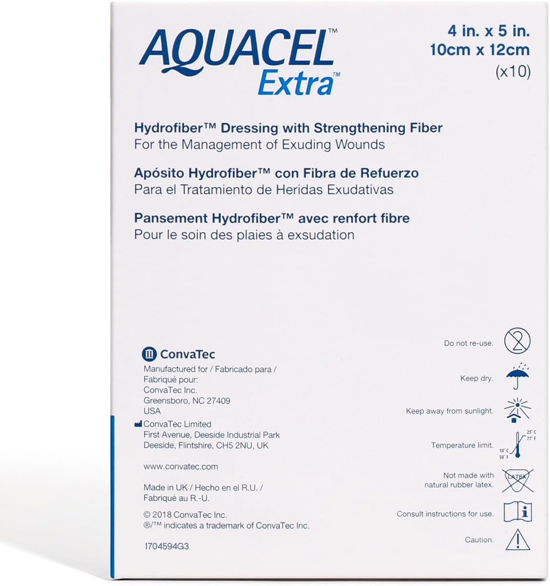 ConvaTec AQUACEL Extra 4"x5" Hydrofiber Absorbant Dressing for Moderate to Highly Exuding Wounds, Non-Woven Two-Dimensional Strengthening Fibers, Rectangle, 10ct Box