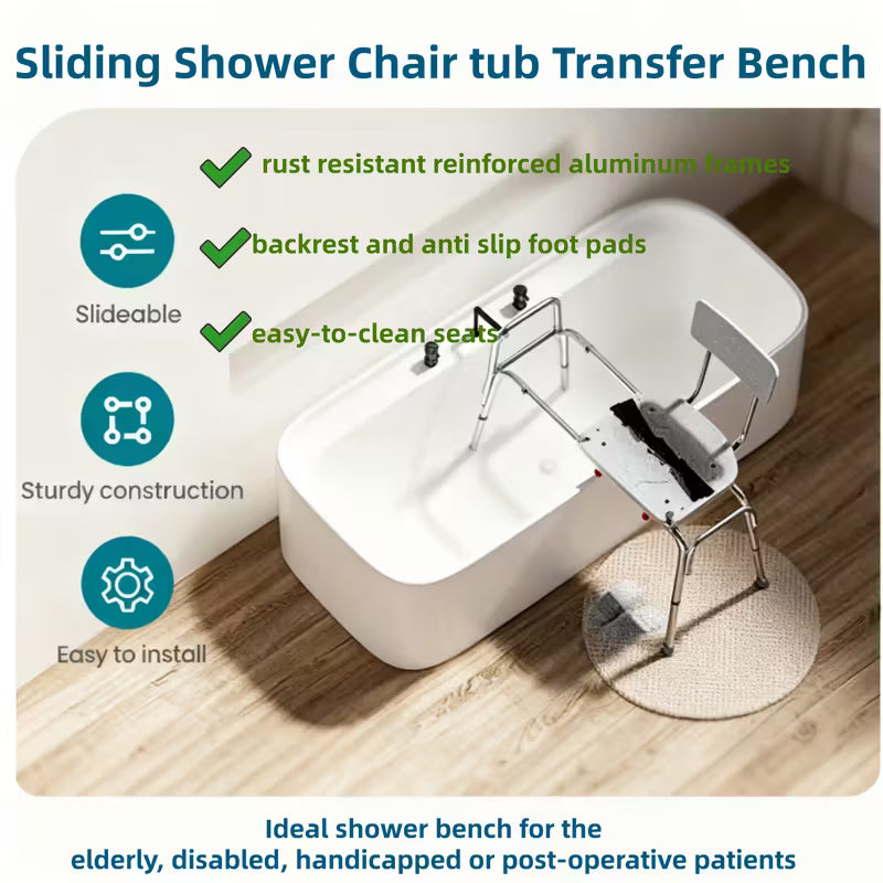Heavy Duty Shower Chair] Heavy Duty 400Lbs Sliding Shower Chair Transfer Bench | Non-Slip Adjustable Height, Safety Belt