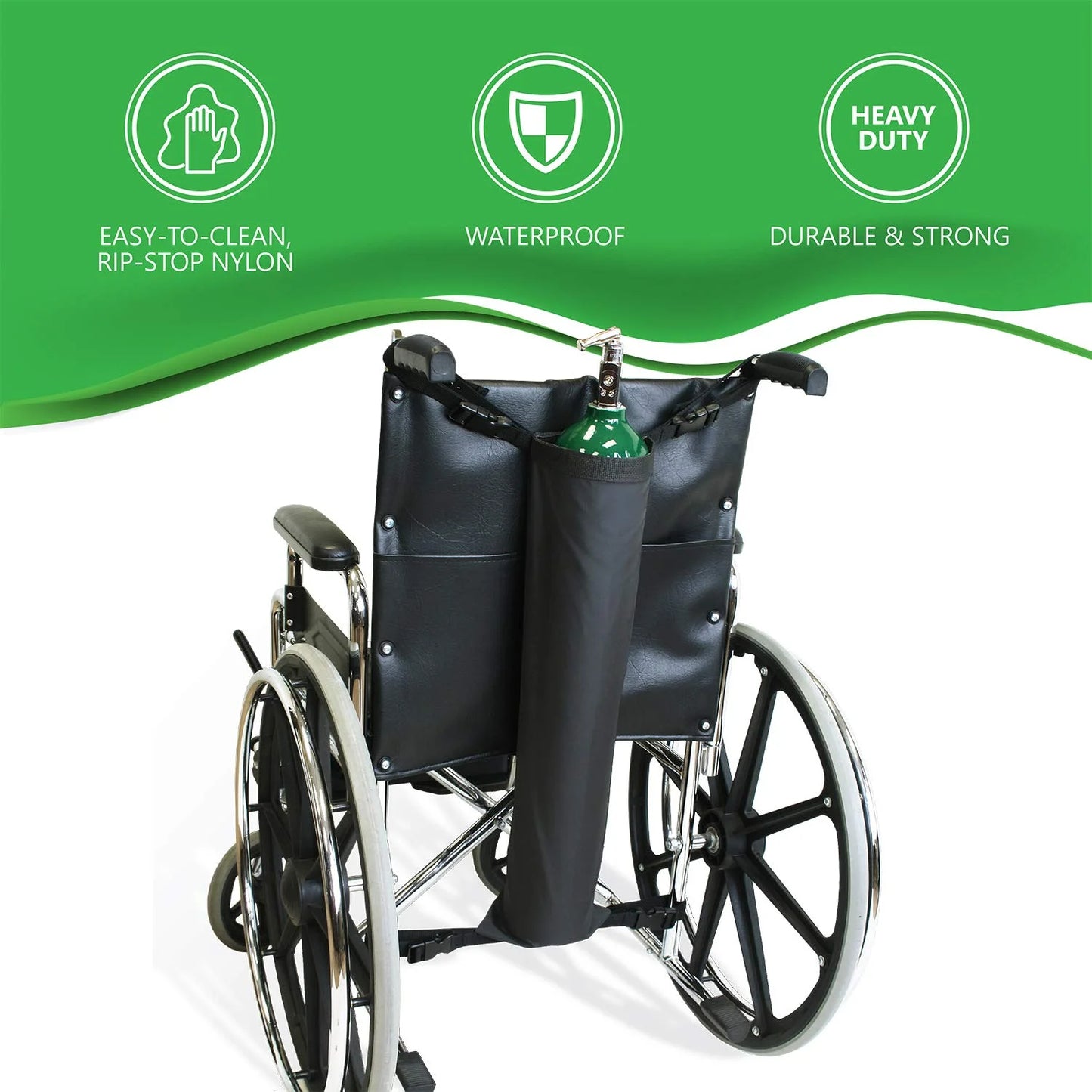 Oxygen Tank Holder for Wheelchair - E Cylinder Transport Bag Adjustable Straps Easy to Clean, Heavy Duty, Waterproof Standard Wheelchair size