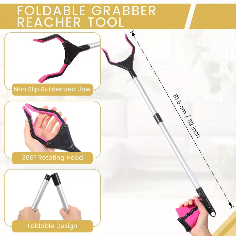 Set of 6 Hip Recovery Tools Including Leg Lifter, Grabber, Sock Aid, Shoe Horn, Dressing Stick, And Bath Sponge (Pink) for Seniors And Pregnant Women, 32" Foldable