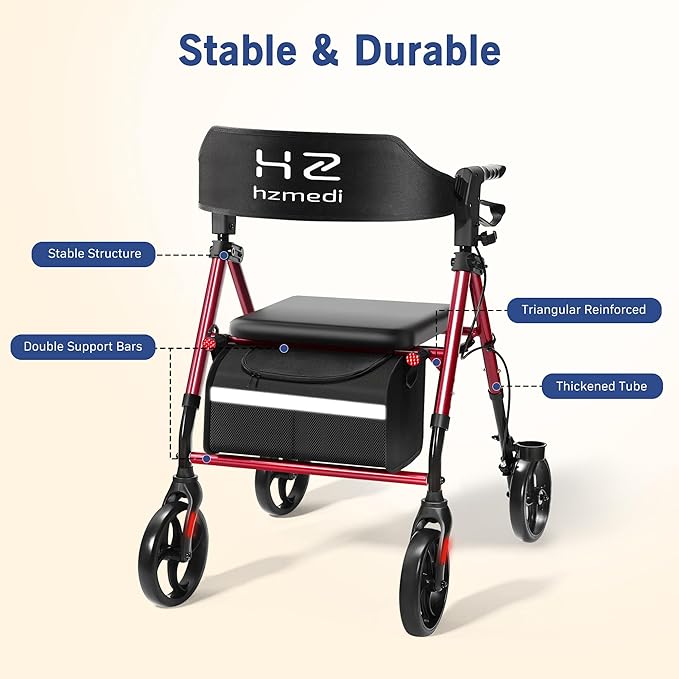 Red Foldable Rollator Walker with Seat, Lightweight Rolling Walker, Dual Height Adjustment, Ergonomic Arc Seat & 6.5" Ultra Backrest, 8" Big Wheels for All Terrain