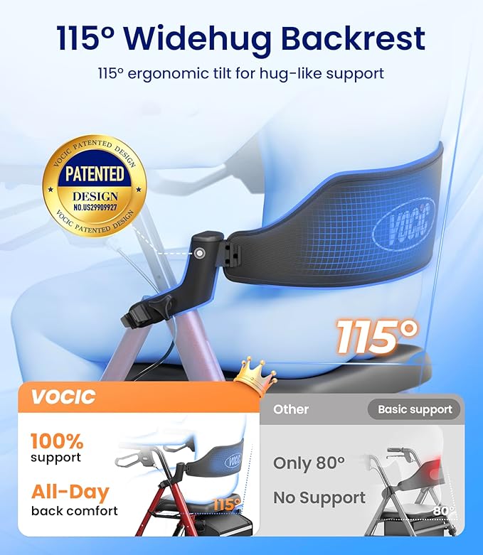 Rollator Walker with Seat Supports 350lb, 8" Big Wheels for All Terrain, Ergonomic Arc Seat & 6" Ultra Backrest Foldable Walker, Dual Height Adjustment, Lightweight