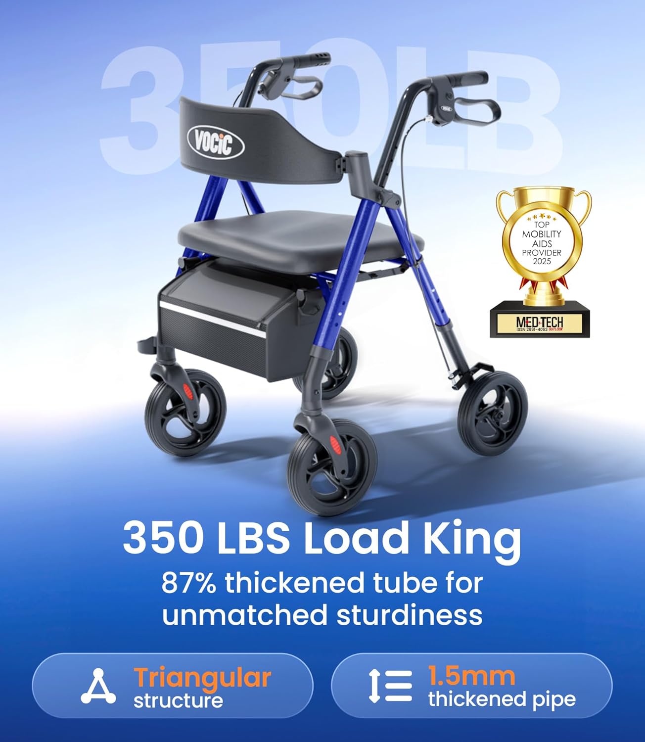 Rollator Walker with Seat Supports 350lb, 8" Big Wheels for All Terrain, Ergonomic Arc Seat & 6" Ultra Backrest Foldable Walker, Dual Height Adjustment, Lightweight 2025