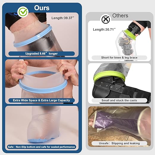 Waterproof Cast Covers for Shower Leg - Extra-Large Cast Protector for Adult with Non-Slip Bottom，Reusable Sleeve, Wound Cover For Bandage, Knee Brace, Foot Boot Shower & Swimming After Surgery