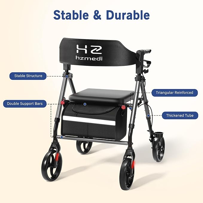 Grey Foldable Rollator Walker with Seat, Lightweight Rolling Walker, Dual Height Adjustment, Ergonomic Arc Seat & 6.5" Ultra Backrest, 8" Big Wheels for All Terrain