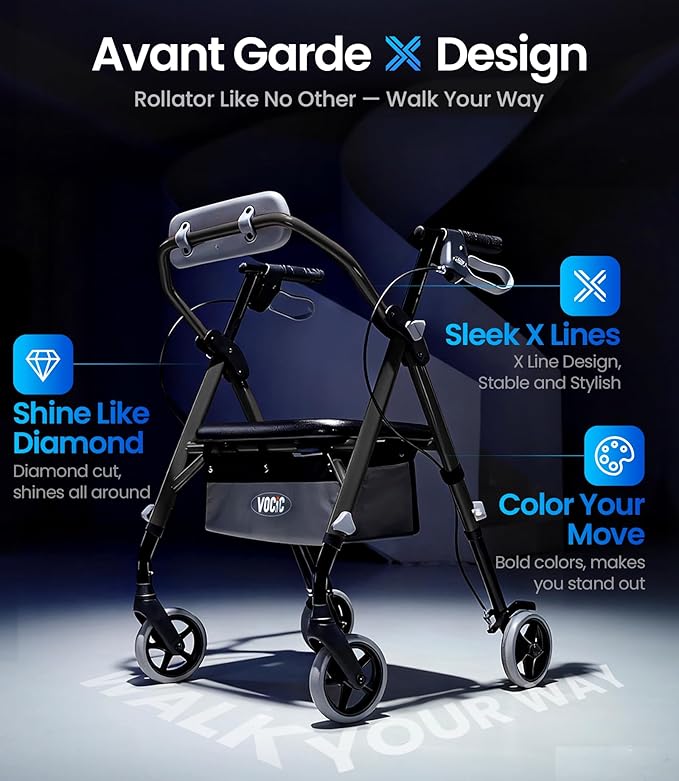 Z11 Rollator Walker with Seat, Max 380 lbs, Avant Walkers with Ergo Seat & Backrest, Foldable Rollator Adjustable Height, All Terrain Walker, Lightweight