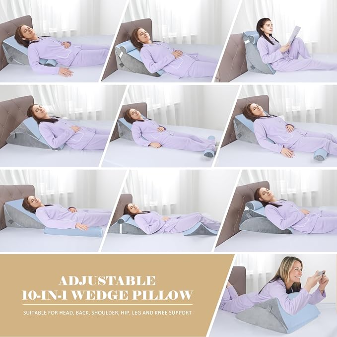 Bed Wedge Pillow for Sleeping, Adjustable Wedge Pillow Set for After Surgery, Elevated Triangle Pillow for Acid Reflux and Back Pain Relief, Post Surgery, Sleep Apnea, Back Support