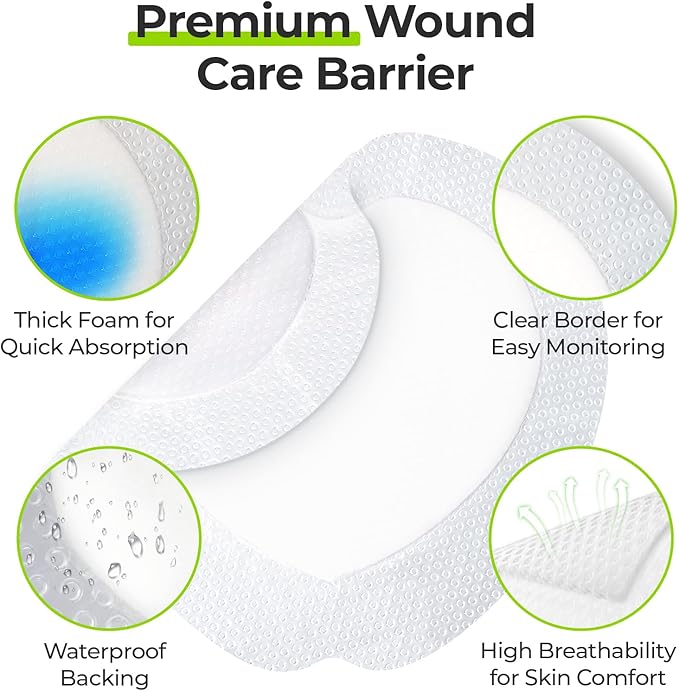AUVON Sacral Silicone Foam Dressing with Clear Border for Easy Wound Monitoring, Waterproof & Breathable Foam Wound Dressing 7"x7", Absorbent Bed Sore Bandages, Box of 5 Sacral Pads,