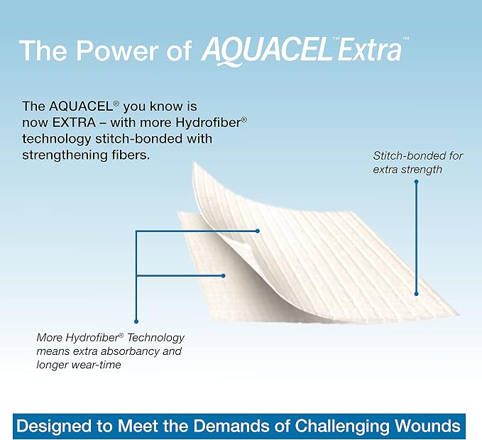 ConvaTec AQUACEL Extra 2"x2" Hydrofiber Absorbant Dressing for Moderate to Highly Exuding Wounds, Non-Woven Two-Dimensional Strengthening Fibers, Square, 10ct Box