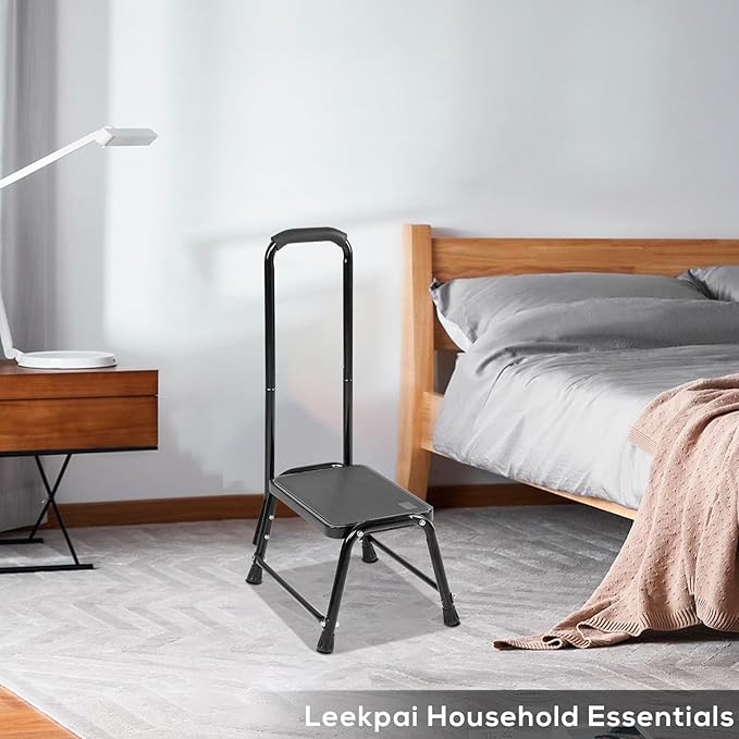 Leekpai Step Stool with Handle for Adults，Seniors Heavy Duty Holds 350 lbs.Stepping Stool for Elderly Adults, Attractive Black for Kitchen