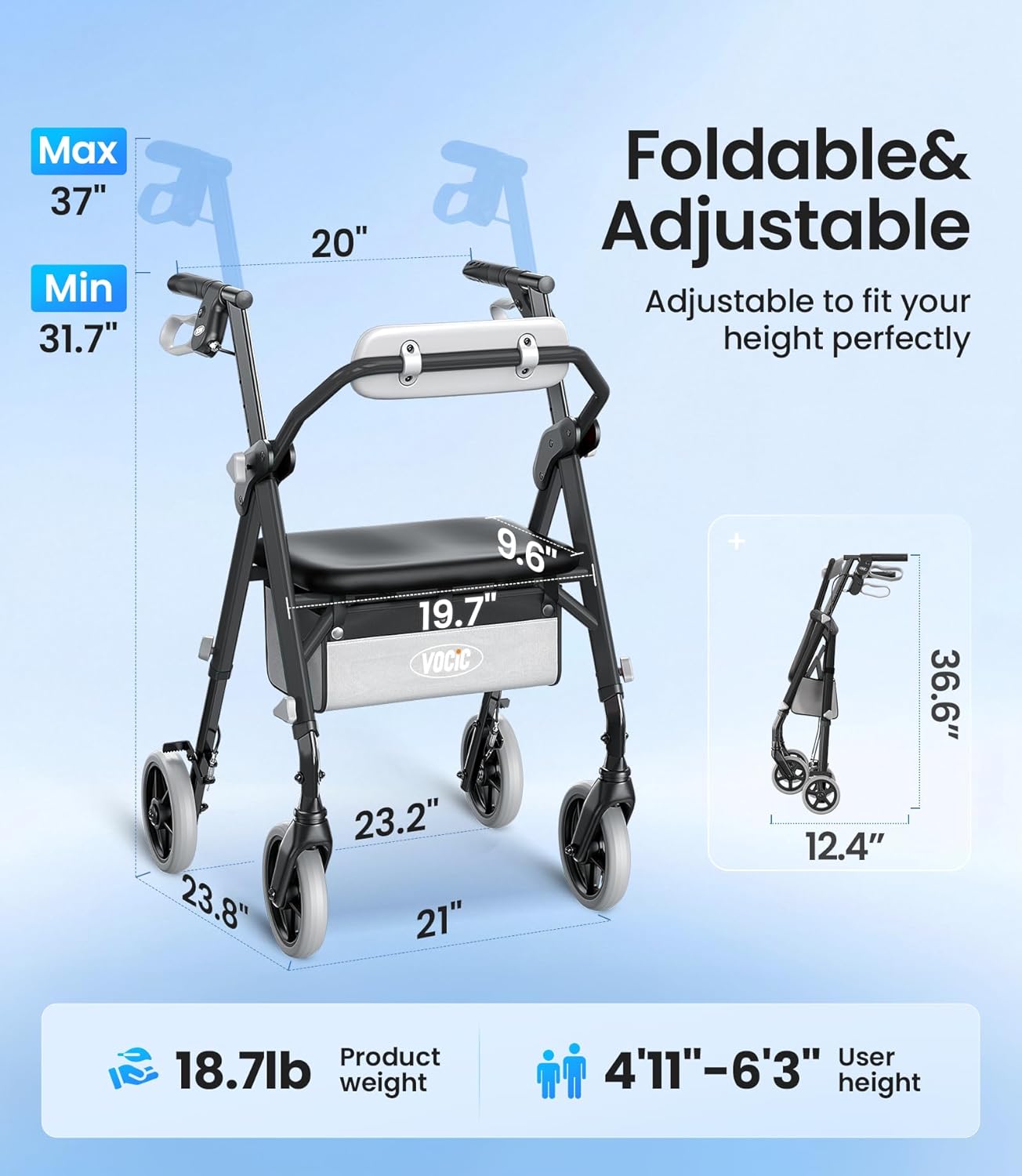 Z11 Rollator Walker with Seat, Max 380 lbs, Avant Walkers with Ergo Seat & Backrest, Foldable Rollator Adjustable Height, All Terrain Walker, Lightweight