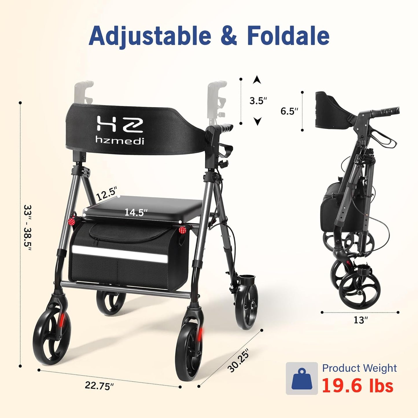Grey Foldable Rollator Walker with Seat, Lightweight Rolling Walker, Dual Height Adjustment, Ergonomic Arc Seat & 6.5" Ultra Backrest, 8" Big Wheels for All Terrain