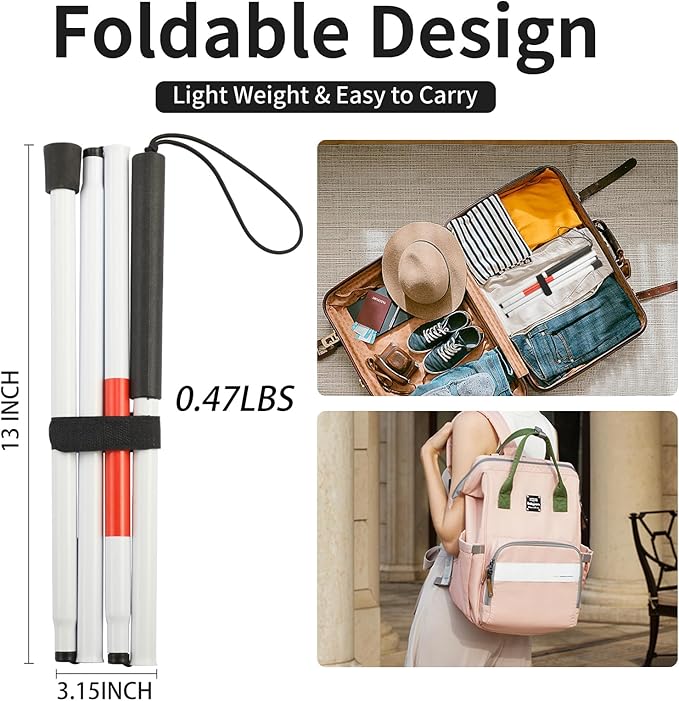 Folding Blind Cane Walking Stick with Red Reflective for Vision Impaired and Blind People, Lightweight, Non-Slip (52inch)