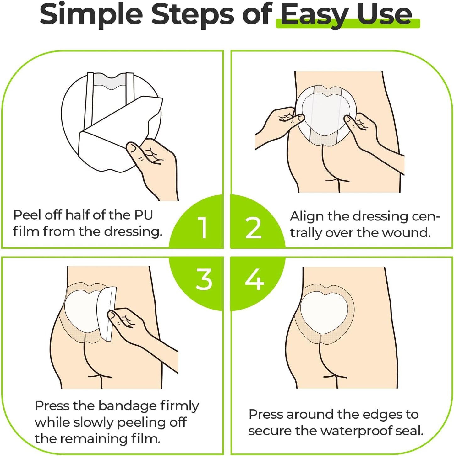AUVON Sacral Silicone Foam Dressing with Clear Border for Easy Wound Monitoring, Waterproof & Breathable Foam Wound Dressing 7"x7", Absorbent Bed Sore Bandages, Box of 5 Sacral Pads,