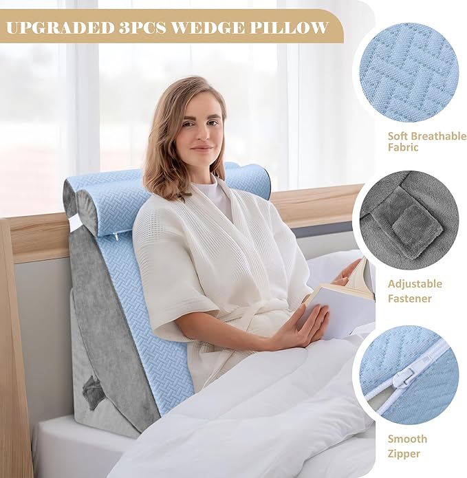 Bed Wedge Pillow for Sleeping, Adjustable Wedge Pillow Set for After Surgery, Elevated Triangle Pillow for Acid Reflux and Back Pain Relief, Post Surgery, Sleep Apnea, Back Support