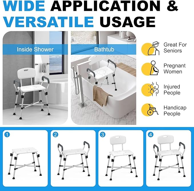 Extra Wide Shower Chair for Inside Shower with Arms and Back, 500 lbs Heavy Duty Shower Seat for Bathtub