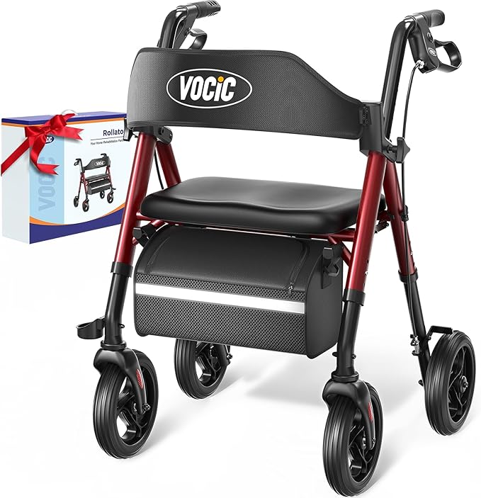 Rollator Walker with Seat Supports 350lb, 8" Big Wheels for All Terrain, Ergonomic Arc Seat & 6" Ultra Backrest Foldable Walker, Dual Height Adjustment, Lightweight