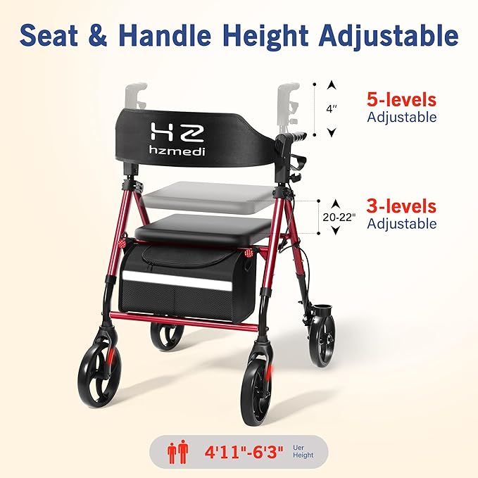 Red Foldable Rollator Walker with Seat, Lightweight Rolling Walker, Dual Height Adjustment, Ergonomic Arc Seat & 6.5" Ultra Backrest, 8" Big Wheels for All Terrain