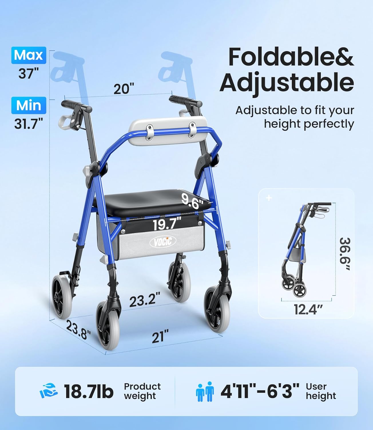Z11 Rollator Walker with Seat, Max 380 lbs, Avant Walkers with Ergo Seat & Backrest, Foldable Rollator Adjustable Height, All Terrain Walker, Lightweight