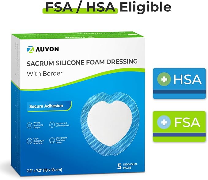 AUVON Sacral Silicone Foam Dressing with Clear Border for Easy Wound Monitoring, Waterproof & Breathable Foam Wound Dressing 7"x7", Absorbent Bed Sore Bandages, Box of 5 Sacral Pads,