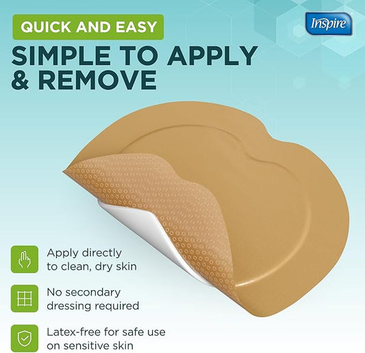 Inspire Sacral Silicone Foam Dressing Large Waterproof Bandages for Wounds, Burns & Bed Sores Safe for Sensitive Skin, Adhesive Pad Sacrum Dressings for Post-Surgery Wound Care (7 x 7 in)