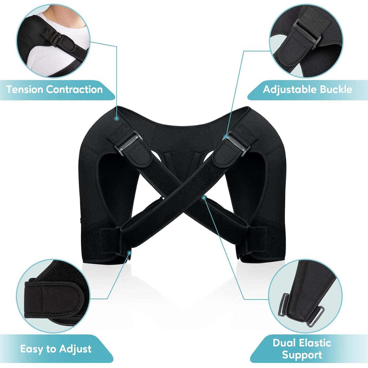 Double Shoulder Brace for Men & Women, Dual Support Compression Sleeve for Sleeping & Pain Relief (M: 16.5"–17.5")
