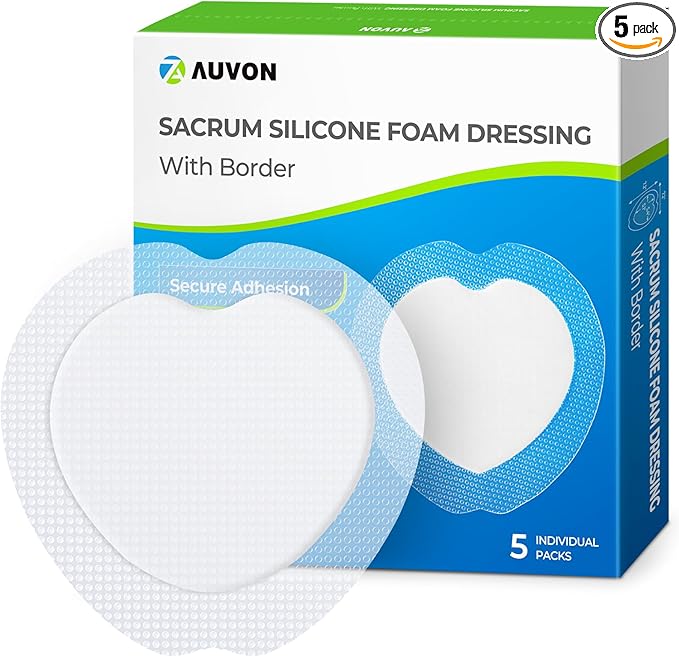 AUVON Sacral Silicone Foam Dressing with Clear Border for Easy Wound Monitoring, Waterproof & Breathable Foam Wound Dressing 7"x7", Absorbent Bed Sore Bandages, Box of 5 Sacral Pads,