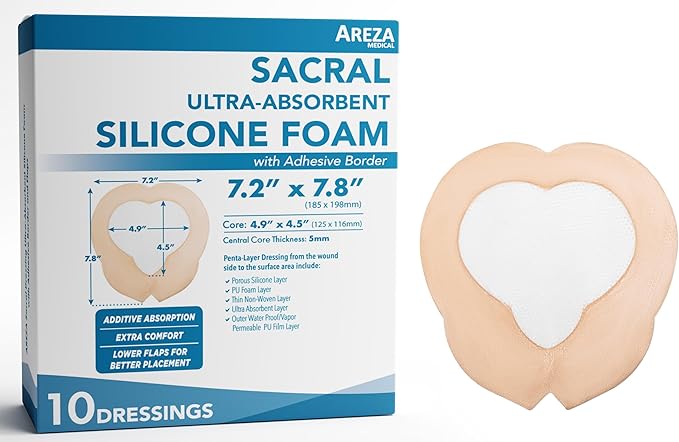 Areza Medical - Silicone Foam with Super-Absorbent Layer - Wound Dressing - Waterproof - with Adhesive Border - Sterile - Designed for Sacral Wounds - 7.2" x 7.8" - 10 PCS per Box