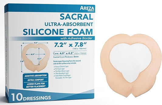 Areza Medical - Silicone Foam with Super-Absorbent Layer - Wound Dressing - Waterproof - with Adhesive Border - Sterile - Designed for Sacral Wounds - 7.2" x 7.8" - 10 PCS per Box