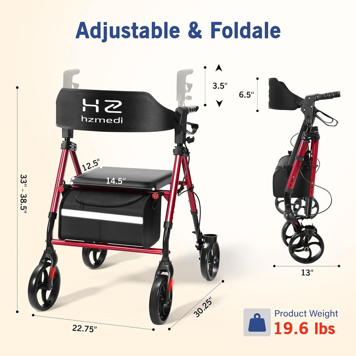 Red Foldable Rollator Walker with Seat, Lightweight Rolling Walker, Dual Height Adjustment, Ergonomic Arc Seat & 6.5" Ultra Backrest, 8" Big Wheels for All Terrain