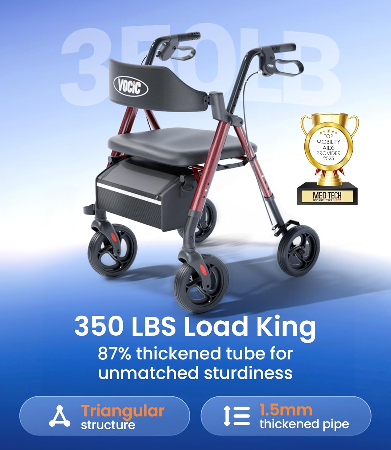 Rollator Walker with Seat Supports 350lb, 8" Big Wheels for All Terrain, Ergonomic Arc Seat & 6" Ultra Backrest Foldable Walker, Dual Height Adjustment, Lightweight