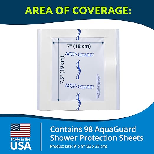 AquaGuard Sheet 9” x 9”Shower Protection Sheet – Self-Adhesive Moisture Barrier – Wound Cover for Showering