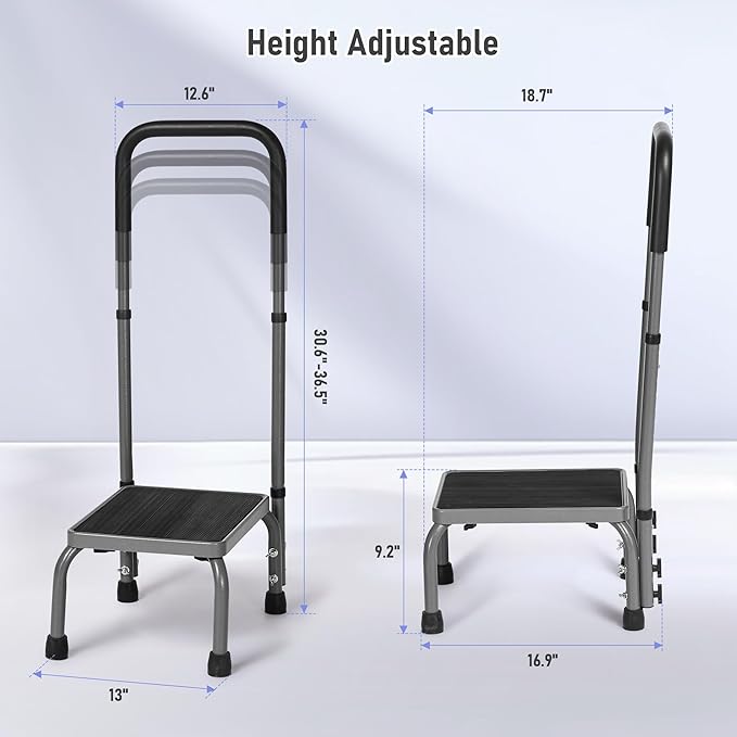Step Stool with Handle, Adjustable Foot Stool with Non-Slip Rubber Feet, Sturdy Step Stool for Elderly, Adult, Kids, 300 lbs Capacity at Kitchen, Bedroom, Bathroom, Car