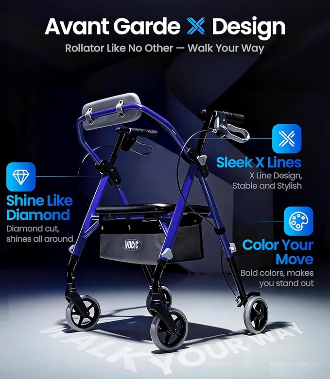 Z11 Rollator Walker with Seat, Max 380 lbs, Avant Walkers with Ergo Seat & Backrest, Foldable Rollator Adjustable Height, All Terrain Walker, Lightweight