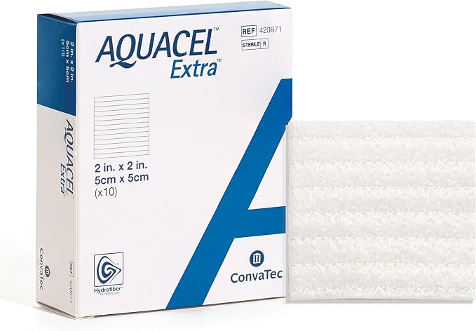 ConvaTec AQUACEL Extra 2"x2" Hydrofiber Absorbant Dressing for Moderate to Highly Exuding Wounds, Non-Woven Two-Dimensional Strengthening Fibers, Square, 10ct Box