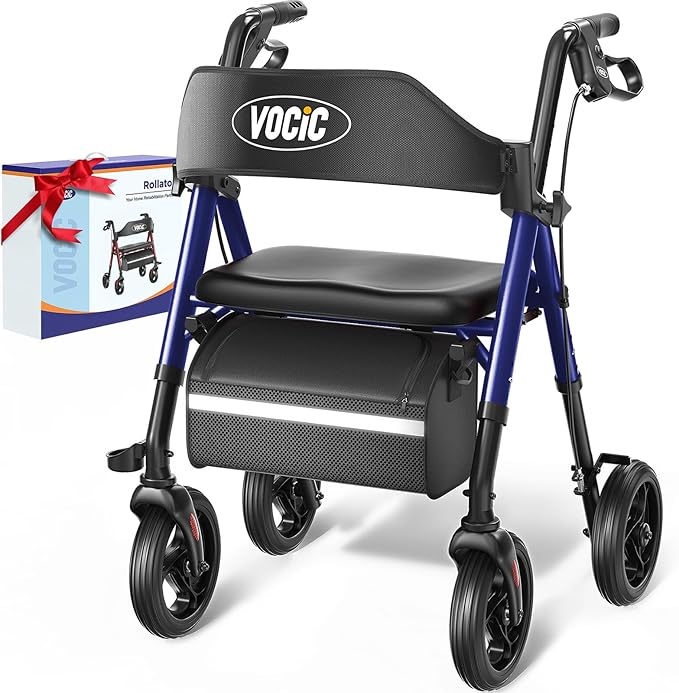 Rollator Walker with Seat Supports 350lb, 8" Big Wheels for All Terrain, Ergonomic Arc Seat & 6" Ultra Backrest Foldable Walker, Dual Height Adjustment, Lightweight 2025