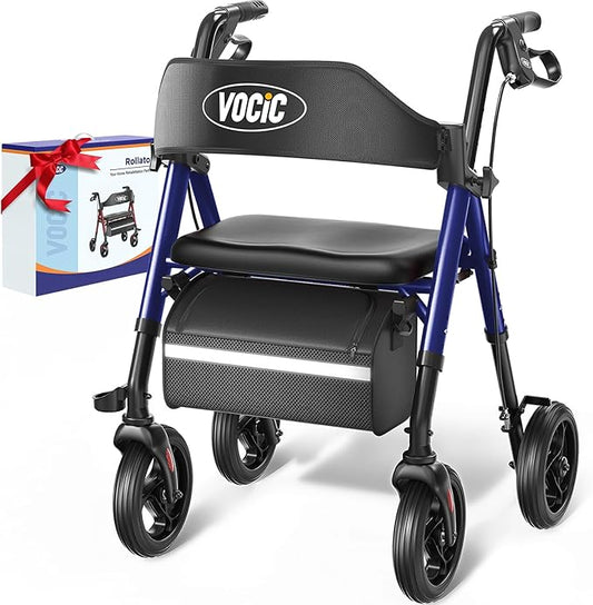 Rollator Walker with Seat Supports 350lb, 8" Big Wheels for All Terrain, Ergonomic Arc Seat & 6" Ultra Backrest Foldable Walker, Dual Height Adjustment, Lightweight 2025