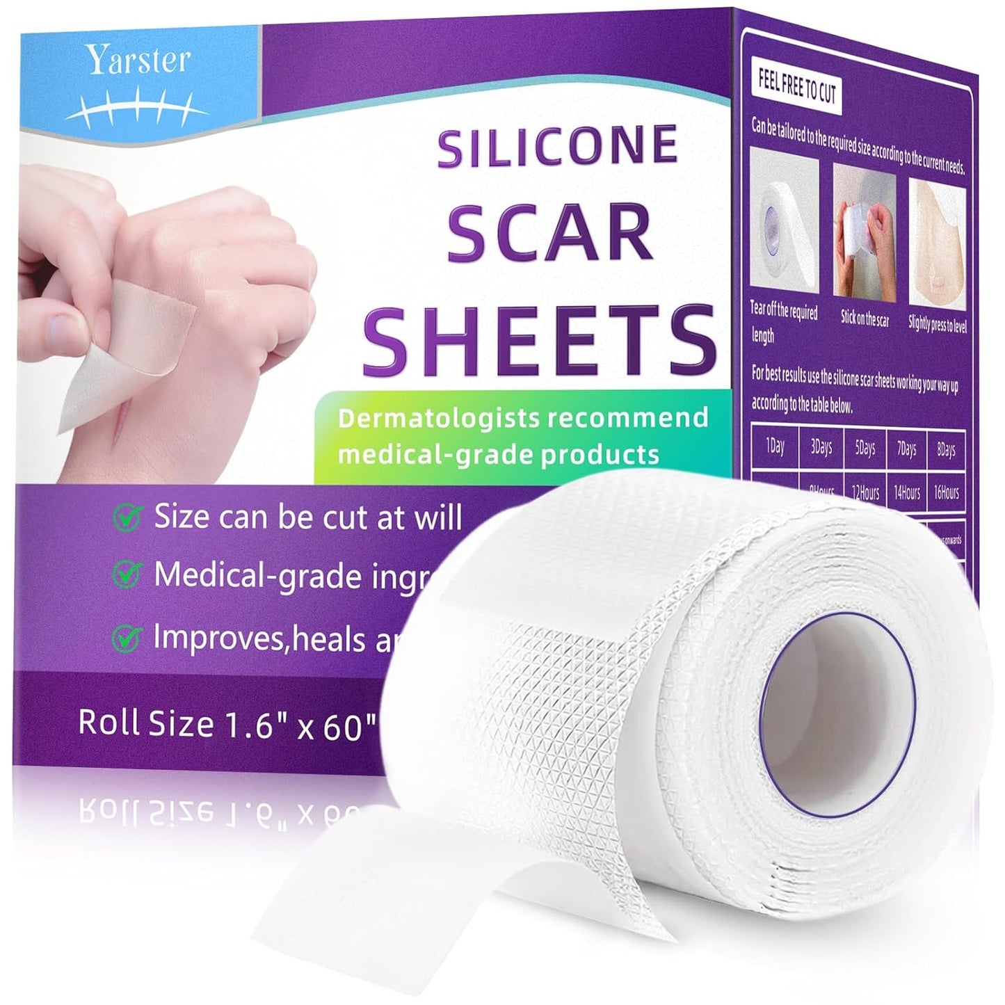 Silicone Scar Sheets, Silicone Scar Tape(1.6"x 60" Roll-1.5M), for Surgical Scars, Burn, C-Section, Keloid Scars, Acne