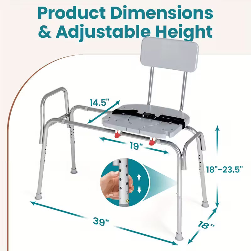 Heavy Duty Shower Chair] Heavy Duty 400Lbs Sliding Shower Chair Transfer Bench | Non-Slip Adjustable Height, Safety Belt